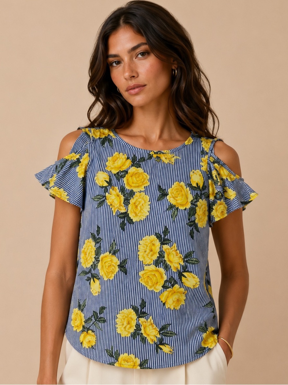 Blue & Yellow Floral Cold Shoulder Blouse Striped Summer Top Size M